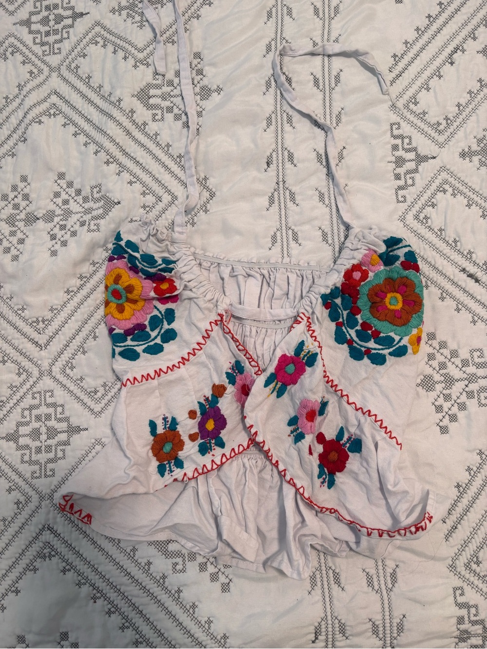 Embroidered White Floral Tie-Strap Women’s Top